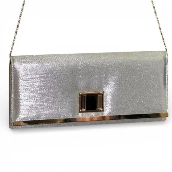 D'MARGEAUX Silver Metallic Goldtone accent Evening Clutch - Picture 6 of 10